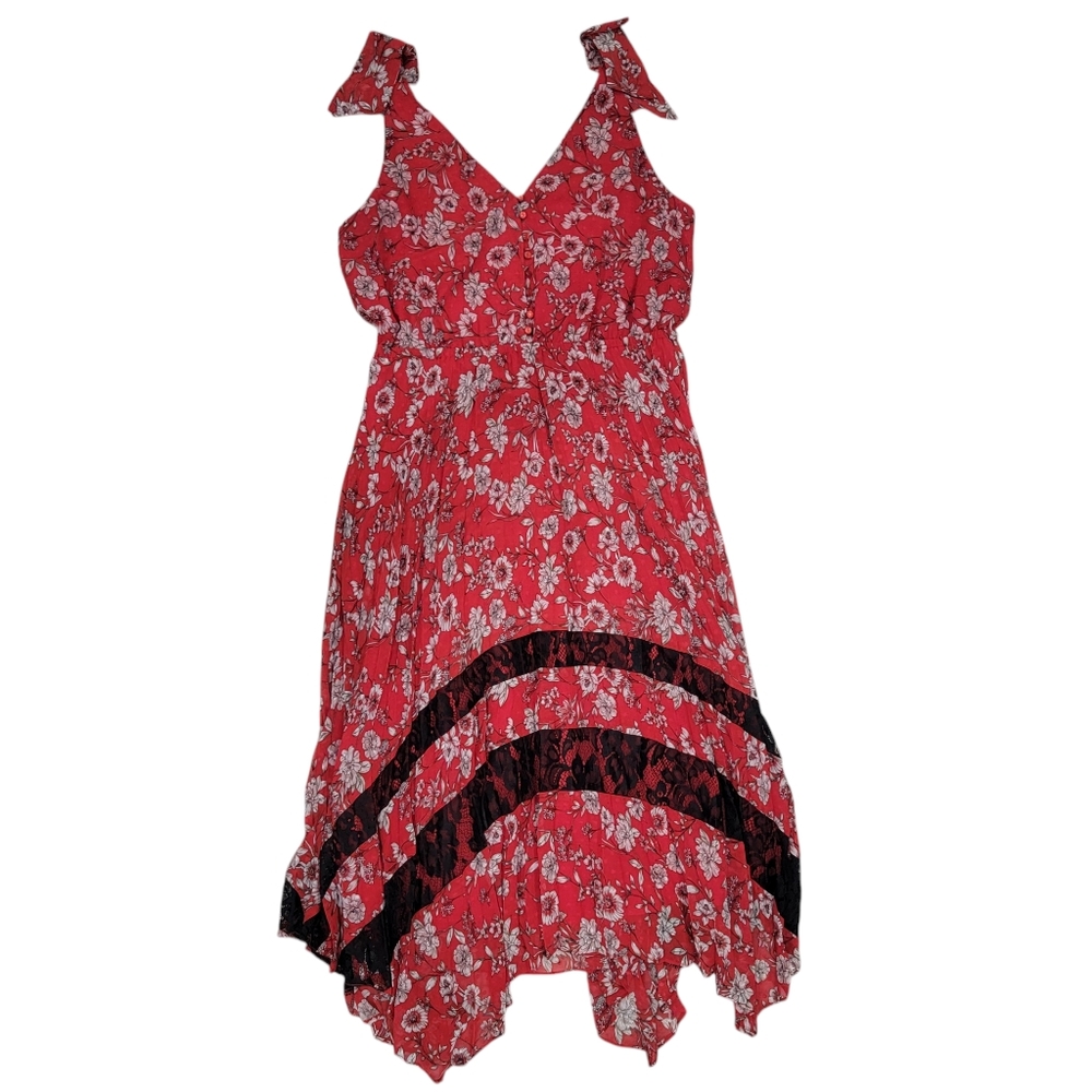 Nanette Lepore Pleated Floral Midi Dress Red Feminine Handkerchief Hem W… - Picture 13 of 16